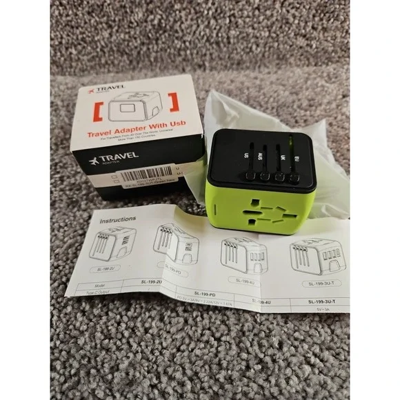 Travel Adapter With USB Green -NEW