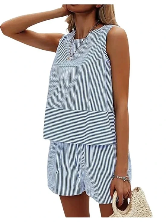 Exlura Blue and White Striped Sleeveless matching Set