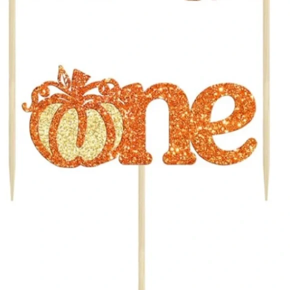 24 “One” First Birthday Glittery Pumpkin Cupcake Toppers October Fall Halloween