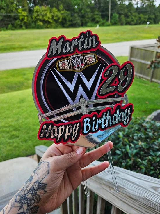 WWE Black & Red Personalized Happy Birthday Cake Topper with Gold Accent