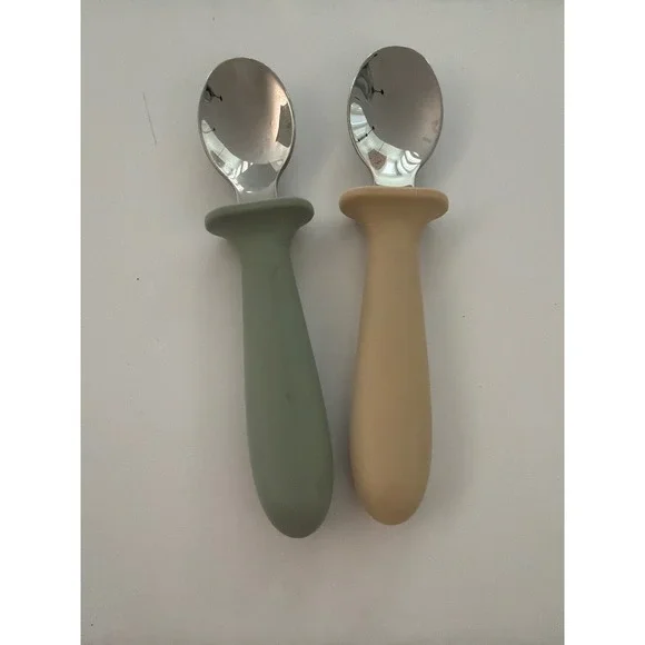 2Pc Baby Training Spoons SUS 304 Stainless Steel Silicone Easy Grip Sage Tan