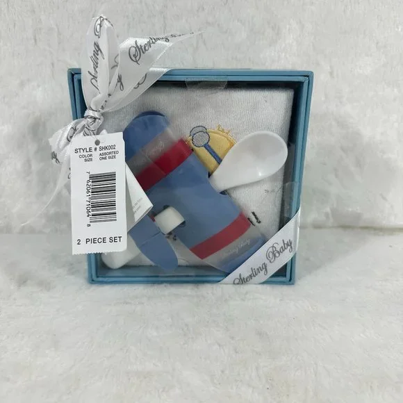NWT Sterling Baby Airplane Spoon & Bib Set by Vitamins 2 piece set