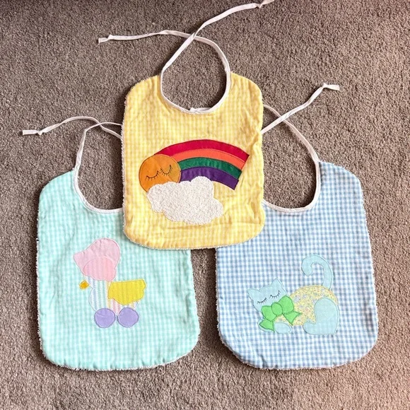🍓 Handmade Gingham Pastel Cat Rainbow Duck Terry Cloth Tie Back Bibs (3 Pack)