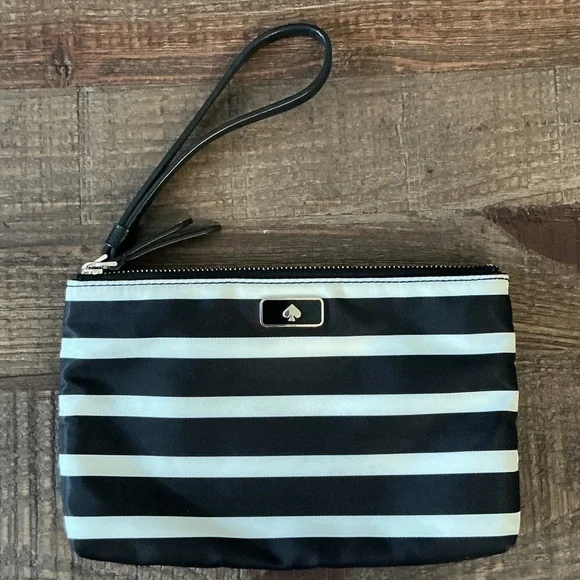 Kate Spade New York Dawn Sailing Black White Stripe Double Zip Wristlet Nylon