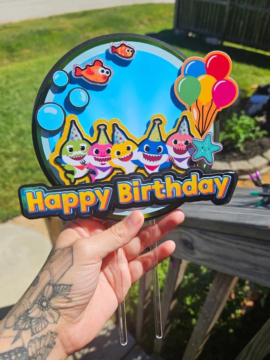 Happy Birthday Shark Cake Topper - Blue