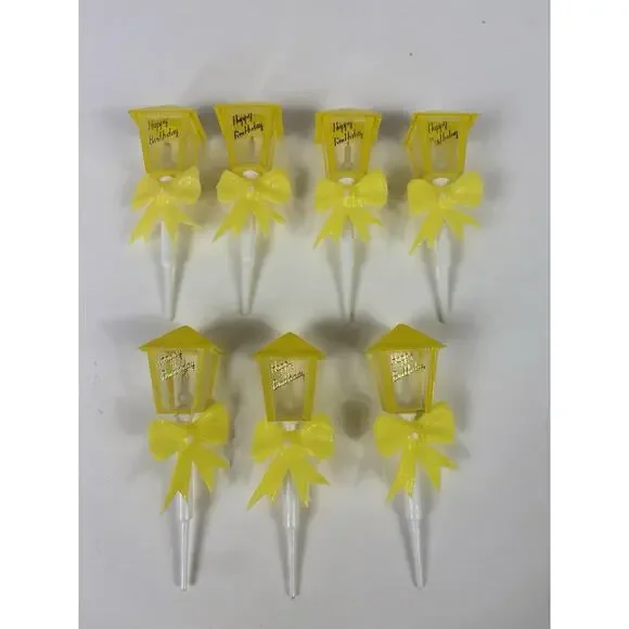 Vintage WILTON Happy Birthday Street Lamp Cake Toppers Decoration Yellow Qty 7