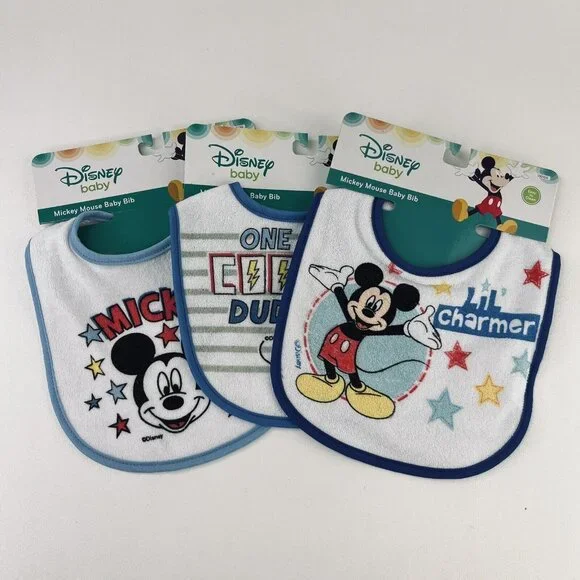 Disney Mickey Mouse Baby Bib Set Lot 3 Boy Blue and White New Cotton Washable