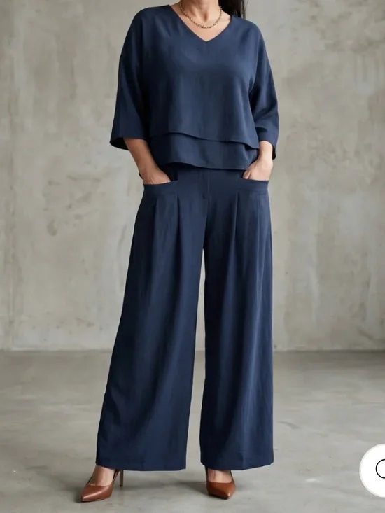 Women's Navy Wide- Leg Two Piece matching set