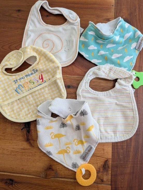 5/$10 Baby Bib Set Of 5- Yellow, Teal, Cream, White, Gray