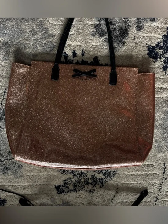 kate spade Rose Gold Glitter Tote with Black Bow Handles