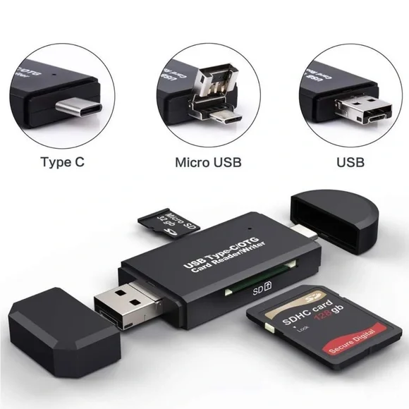 SD Card Reader, 3 in 1 USB-C USB-A Micro USB Camera Memory Card New