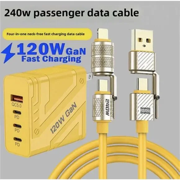 120W GaN 4-Port Wall Charger + 4-in-1 Fast Charge Cable, USB-C PD & USB-A QC