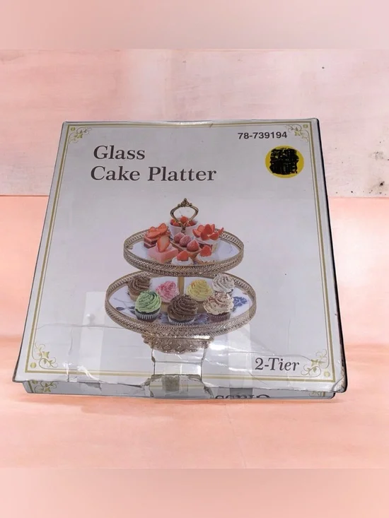 NWT’s 2-Tiered Glass Cake / Cupcakes Platter - Gold Tone Trimming