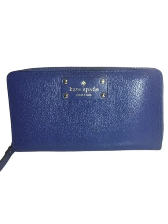 kate spade Blue Pebbled Leather Zip Wallet -callout on spine