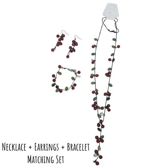 Cherries Jewelry Set Beaded Long Necklace Earrings Bracelet Matching 3 Piece Set