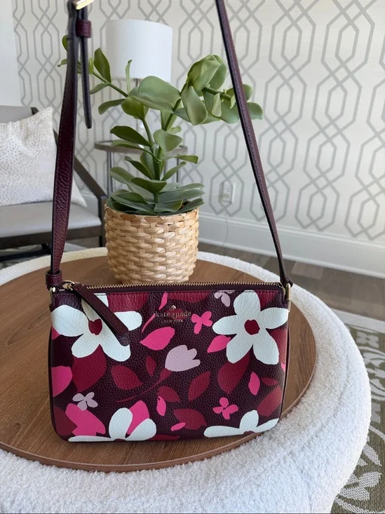 Kate Spade Floral Crossbody Purse Pink Burgundy Leather Like New