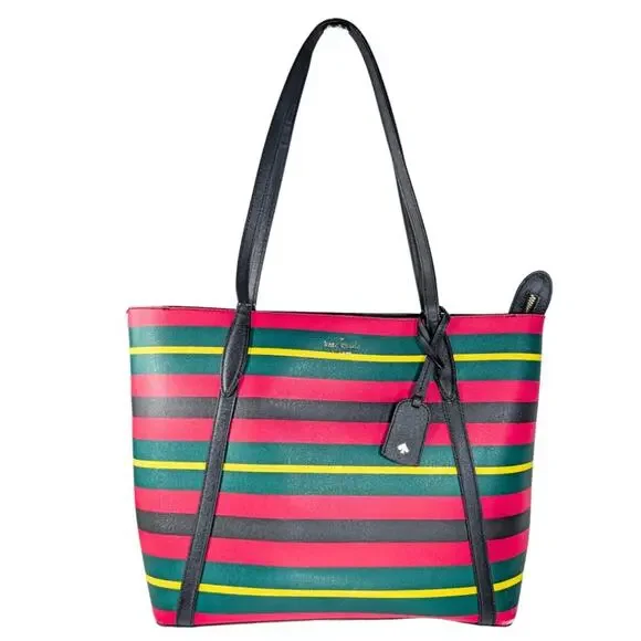 Kate Spade Cara Striped Large Leather Zip Tote Pink Green Yellow