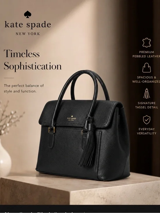 Kate Spade Black Pebbled Leather Satchel Tassel Top Handle Purse