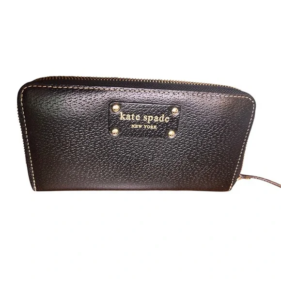 Kate Spade Black Pebbled Leather‎ Zip Around Continental Wallet EUC