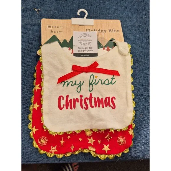 Modern Baby Holiday Bibs Set Of 2 My First Christmas Red & White Gold Star Desig