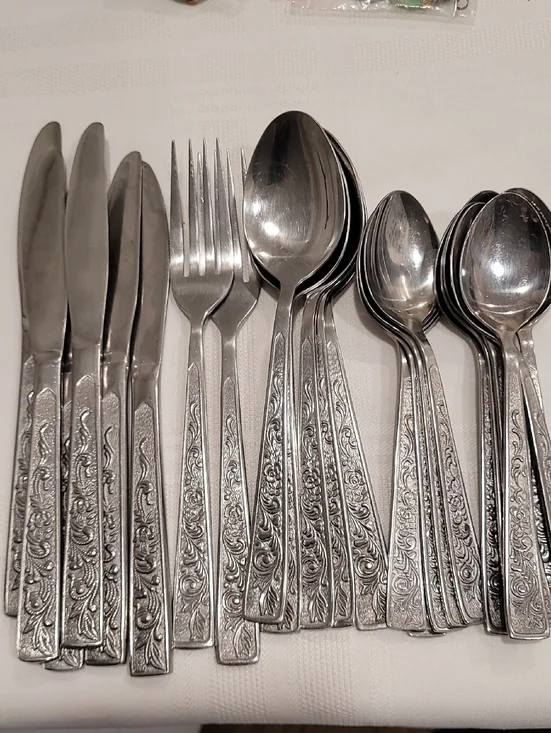 MCM Flatware Spoons Forks Knives Stainless Steel Signed Plume Korea