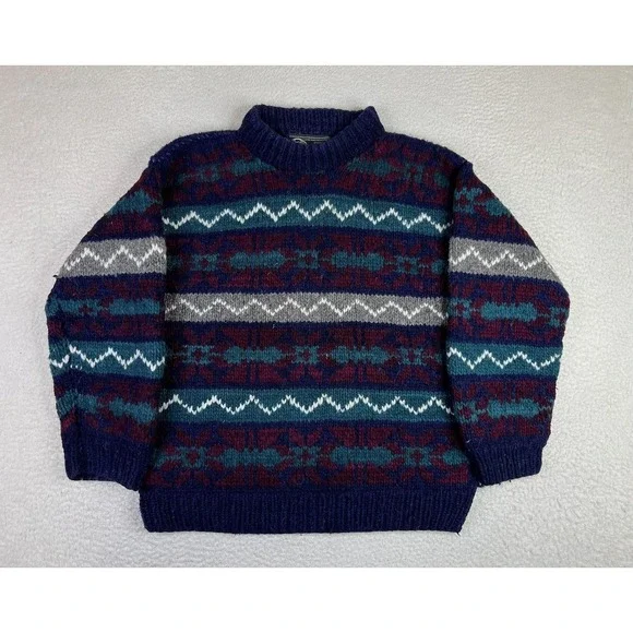 Native American Blue Wool Sweater Winter Warm Knit Fair Isle Ecuador
