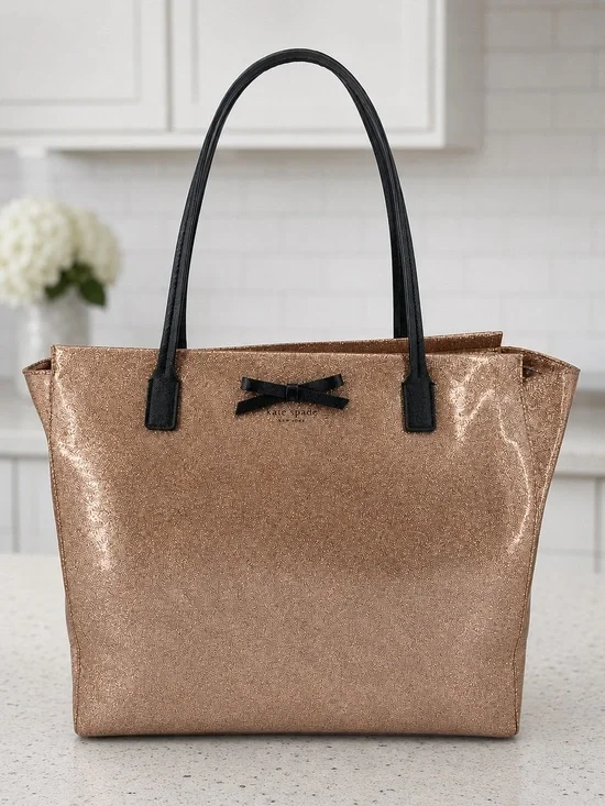 kate spade Mavis Street Taden Rose Gold Glitter Tote with Black Handles