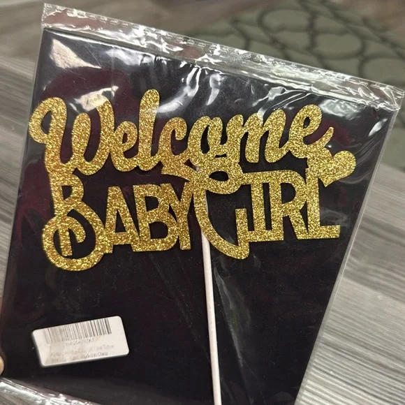 Welcome Baby Girl glitter gold cake topper new