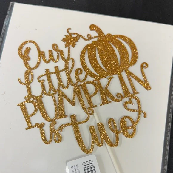 Gold Glitter Pumpkin Cake Topper Our Little Pumpkin is Two cake topper gold