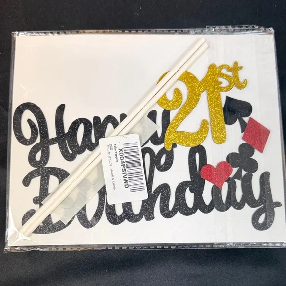 Happy 21st Birthday Cake Topper - Black and Gold card party club diamond heart