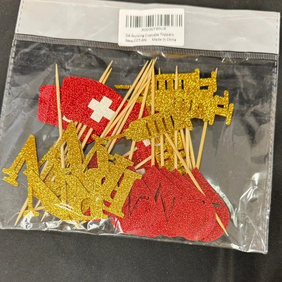 Glittery Red and Gold Cupcake Toppers Nursing needle heart RN and hat all new