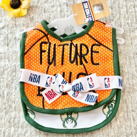 New w/tags NBA BUCKS 2Pack BIBS “FUTURE BALLER” on one, other is MILWAUKEE BUCKS