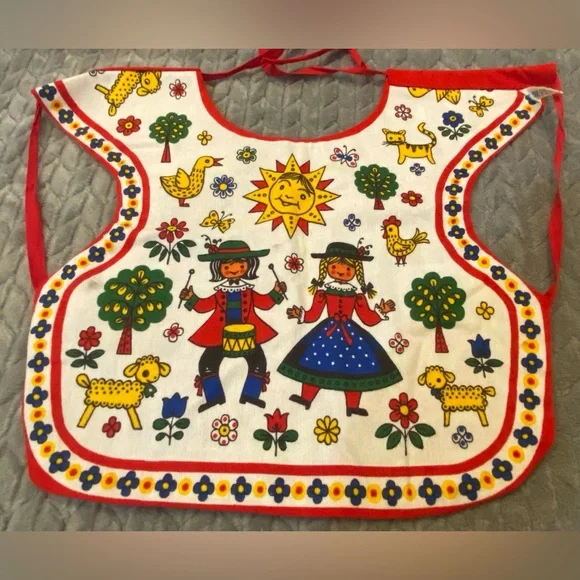 Vintage Kolf Baby Bib Reversible Folk Art 100% Cotton Red White Austrian