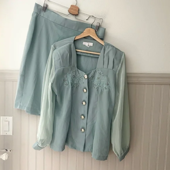 Vintage Caryel Light Blue Seafoam Blouse and Matching Skirt Set