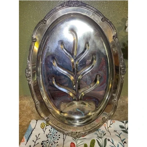Vintage English Silver Meat Platter Mfg Corp‎ Silverplate Large 12x16x2 Footed