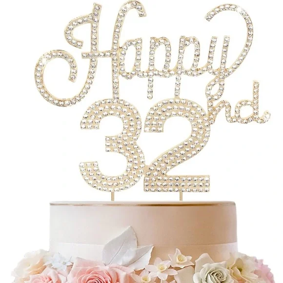 Gold rhinestone 'Happy 32nd' Cake Topper