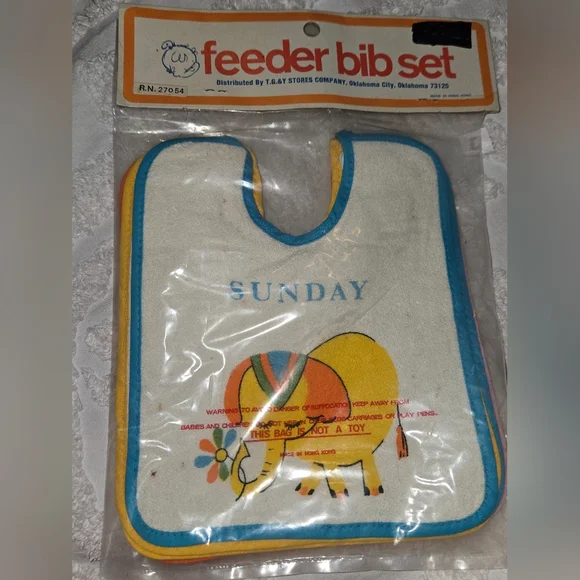 Vintage NOS NIP 7 Piece Feeder Bib Set Cotton Terry Day Of Week Multicolor