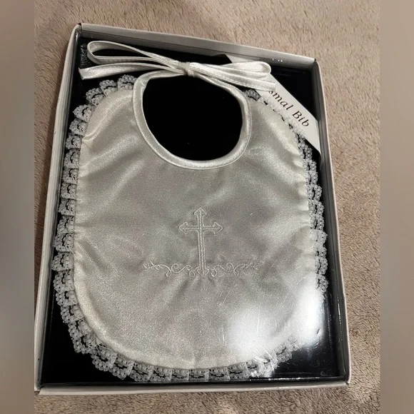 Elegant vintage new white Christening Bib with embroidered cross
