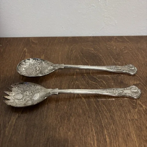 Vintage England Silver Plated Salad Servers Berry Spoon Fork 9.75