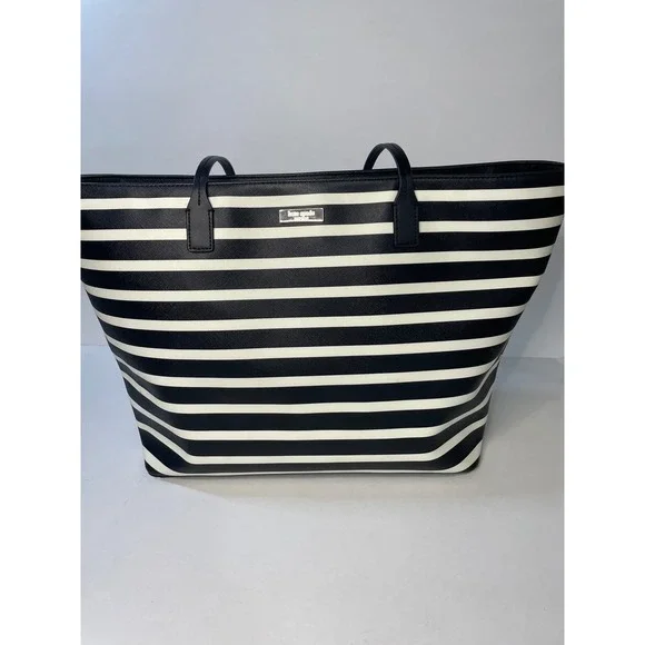Kate Spade Tote Bag Womens Large Black White Excellent Striped Saffiano Leather