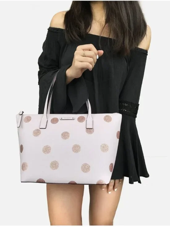 Kate Spade Haven Lane Hani Small Tote Glitter Pink Polka Dot Top Zip Handbag