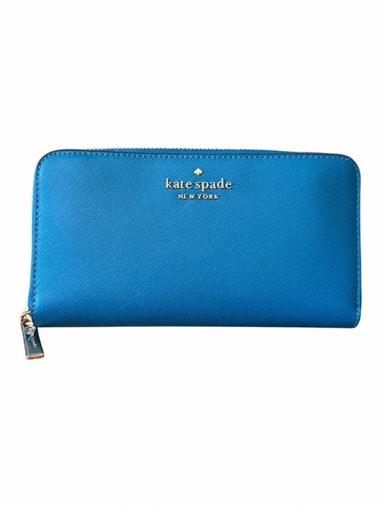Kate Spade Large Zip Around Wallet Beautiful Dark Peacock Blue Saffiano Leather