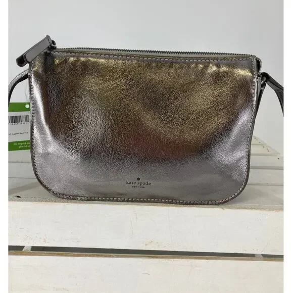 KATE SPADE NWT, PEWTER METALIC LEATHER WOMENS CROSSBODY BAG