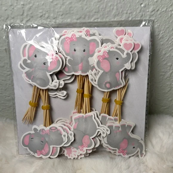 Elephant Themed Party Cupcake Toppers | Pink and Gray | 48 Pieces