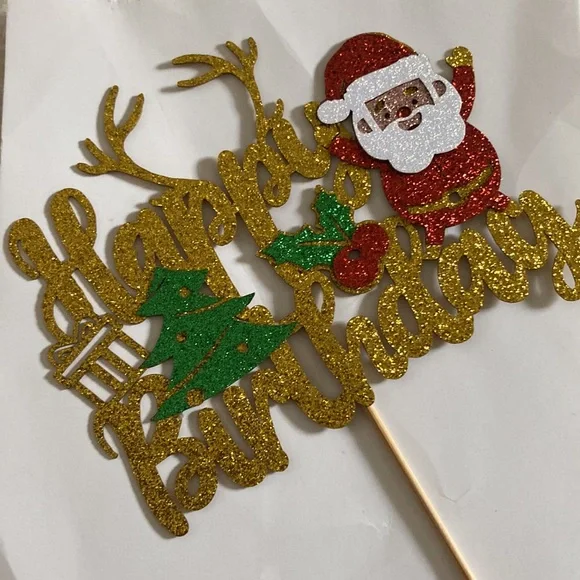 Merry Christmas Happy Birthday Santa Gold Party Cake Topper Decoration New