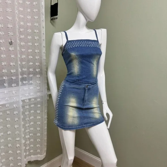Y2K Denim Mini Skirt & Tank‎ Top Matching Set