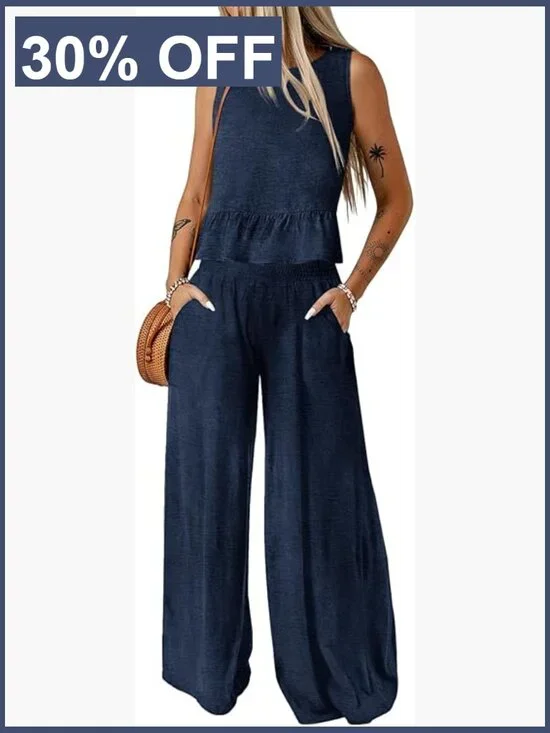 2 Piece Outfits Sleeveless Tank Top Wide Leg Pants Set Matching Set