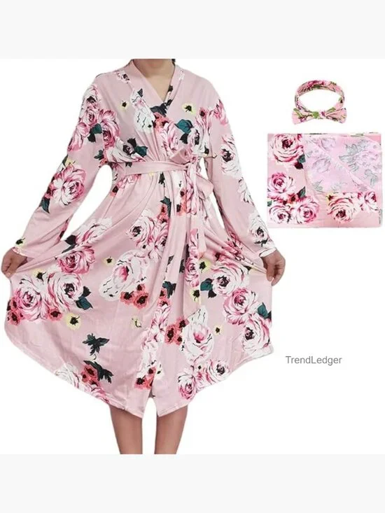 Maternity Robe with Matching Baby Swaddle Blanket Set