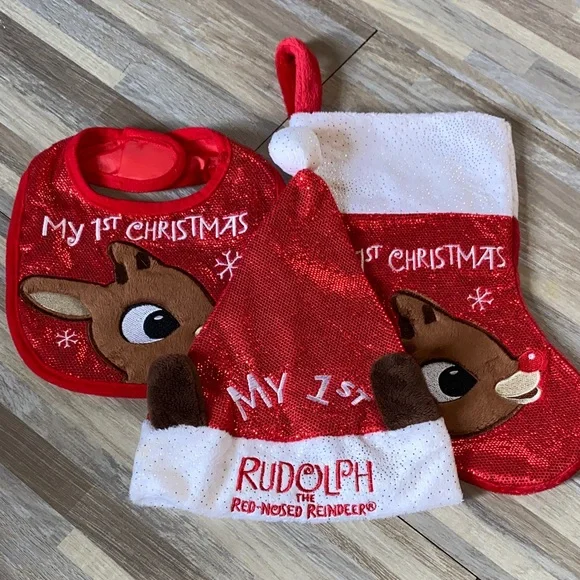 Rudolph Red and White Christmas Bib Set