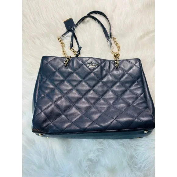 Kate Spade Carey Quilted Leather Tote Womens Navy Blue Gold Chain Shoulder Bag